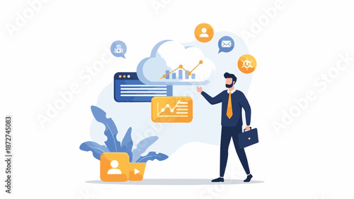Illustration of a businessman interacting with digital interface elements and icons in a conceptual scene.