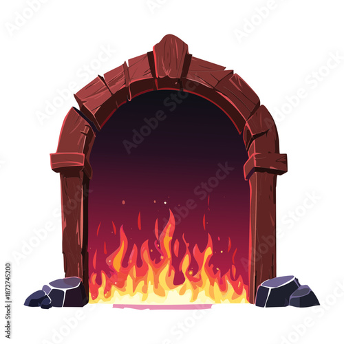 Illustration of a dark red stone archway with hellfire for fantasy underworld gateway entrance