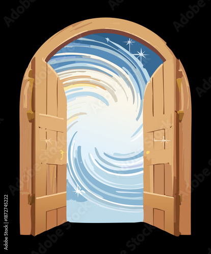 Illustration of a wooden arched portal with a blue space nebula for fantasy adventure gateway