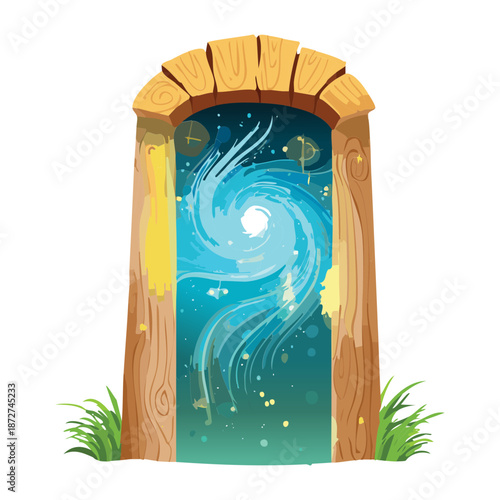 Illustration of a stone arched portal with a blue star galaxy for fantasy cosmic space travel