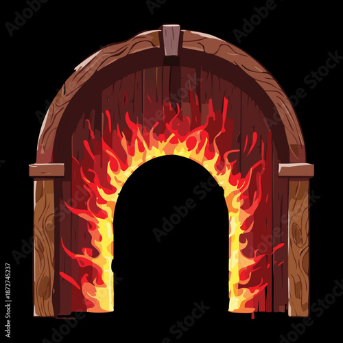 Illustration of a stone arched portal with hellfire for fantasy demon world gateway or dungeon entrance