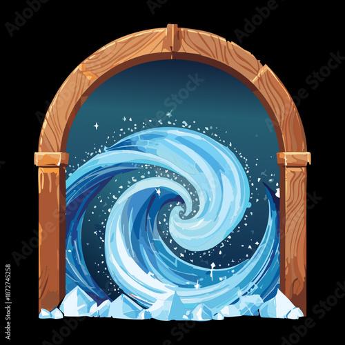 Illustration of a round stone gateway with water vortex for fantasy time travel or ocean portal