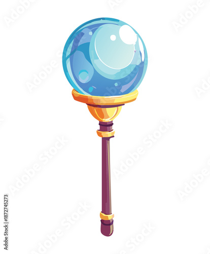 Illustration of a crystal ball on a golden staff for fantasy wizardry divination and magical energy