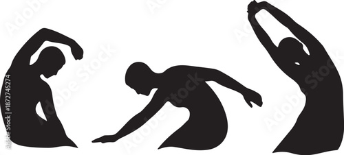 Three black silhouettes of women in various yoga poses sequence