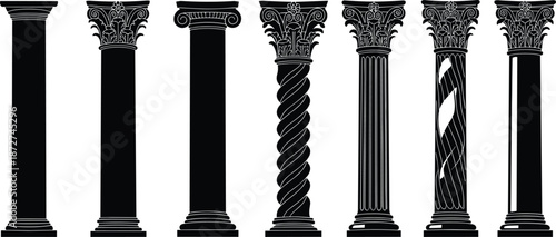 Architectural column silhouette, classical pillar vector, Doric Ionic Corinthian design, black structure icon, ancient building element, isolated graphic