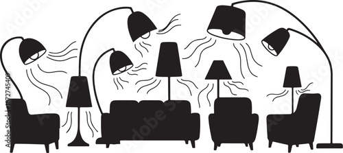 Silhouette of living room furniture with multiple lamps illustration