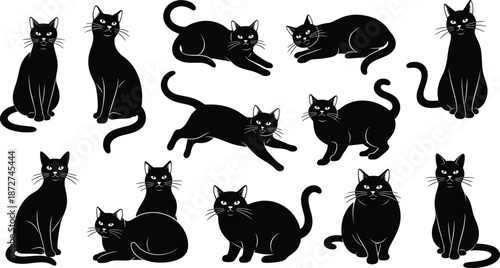 Black cat silhouette collection, graceful feline poses, Halloween vector set, elegant kitten icons, isolated domestic pets, mystical kitty illustrations, animal silhouettes.