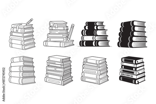 Stack Of Books Black And White Line Art Illustration Reading Education Knowledge Concept Isolated