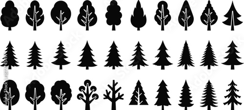Black tree silhouette collection, forest icons set, minimal nature symbols, evergreen deciduous shapes, flat vector illustration isolated white background design