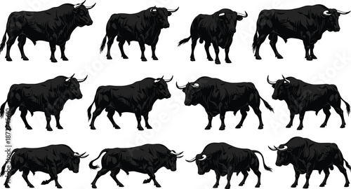 Bull silhouette vector, black animal icon, muscular livestock graphic, horned bull clipart, strong posture design, isolated farm element