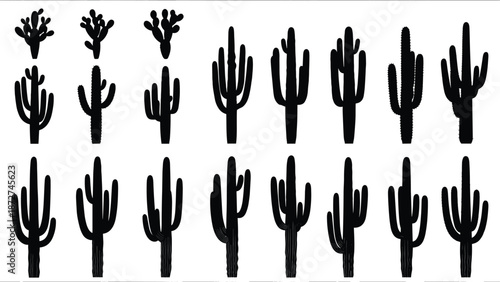 Cactus silhouette icon set, desert plant collection, saguaro cactus shapes, western nature symbols, black vector illustration isolated
