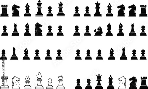 Chess pieces silhouette icon set, king queen rook knight pawn bishop collection, strategy board game symbols, black vector isolated