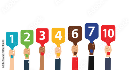 Diverse hands of judges holding up colorful scorecards with different numbers, representing voting, rating, and competition.