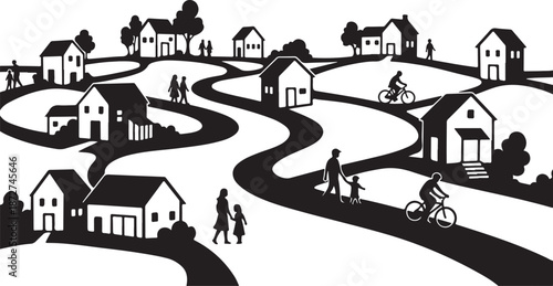 Black and white illustration of a peaceful neighborhood scene