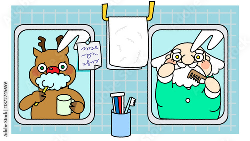 洗面所で身支度をするサンタクロースとトナカイのイラスト