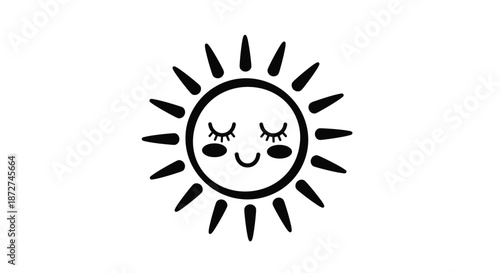 A cute and happy smiling sun character with closed eyes and rosy cheeks, illustrated in a simple black and white doodle style.