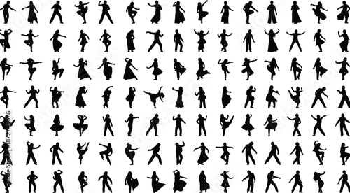 Dancing people silhouette mega set, men women dance poses collection, party celebration movements, energetic body action icons, black vector isolated