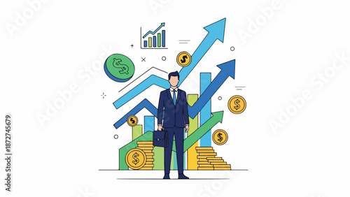 A businessman in a blue suit stands confidently in front of a colorful graphic illustration of growing arrows, coins, and money stacks on a white background.