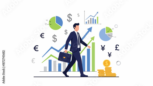 A professional businessman walking towards a rising graph with financial symbols and charts in the background.