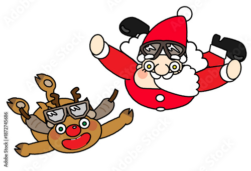空を飛びながらプレゼントを運ぶサンタクロースとトナカイのイラスト
