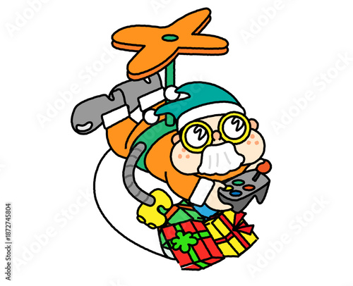 ドローンでプレゼントを運ぶ未来的なサンタクロースのイラスト