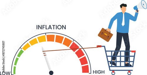 Inflation gauge showing economic crisis and rising prices impacting consumer spending, business person warning about high cost, market volatility, global economy, financial pressure, shopping cart.