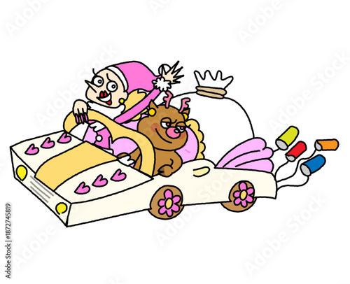 車に乗って走るギャル風のサンタクロースのイラスト