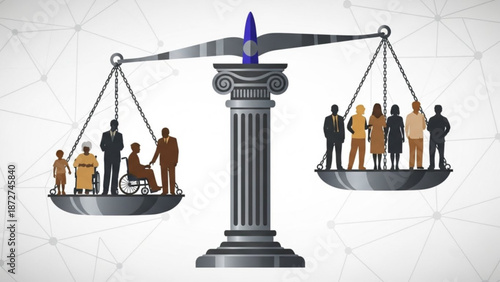 Scales of justice balancing diverse people representing equality and fairness in society conceptual illustration for legal or social themes