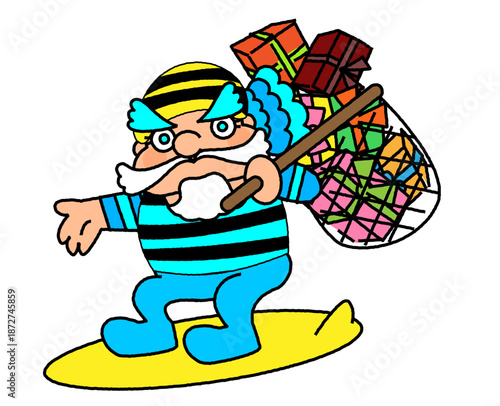 サーフィンをしながらプレゼントを運ぶユニークなサンタクロースのイラスト