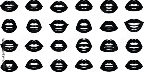 Female lips silhouette icon set, mouth expressions collection, sexy beauty makeup symbols, black vector illustration isolated on white