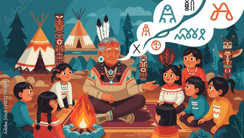 Elderly Native American man telling stories to children around a campfire with traditional symbols in a thought bubble illustration