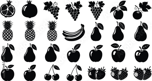 Fruit silhouette icon set, apple pear banana pineapple grapes strawberry collection, healthy food symbols, fresh organic produce, black vector isolated