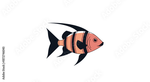 A cute cartoon illustration of a pink and black striped tropical angelfish swimming peacefully, isolated on a white background.
