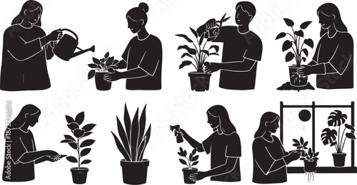 Silhouette of woman planting and caring for houseplants at home