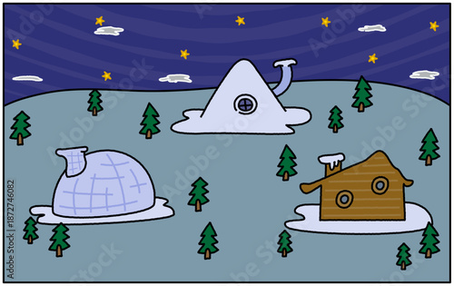 クリスマスの夜の村の風景のイラスト