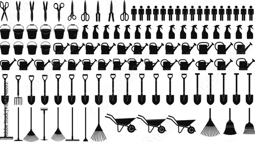 Gardening tools silhouette icon mega set, shovel rake watering can bucket scissors equipment collection, lawn care symbols, black vector isolated