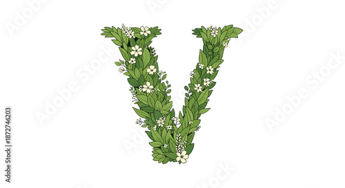 The capital letter V made from a lush arrangement of detailed green leaves and small, delicate white flowers for a natural look.