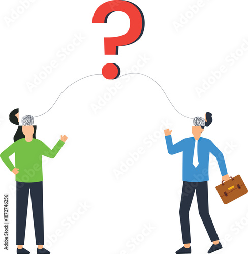 Business people communication problem question mark dilemma complex thoughts shared confusion corporate challenge team discussion
