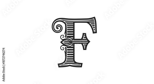 An ornate vintage monogram of the capital letter F with intricate lines, a central flourish, and an elegant, classic design.