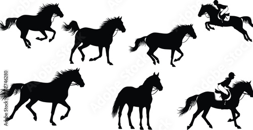 Horse silhouette icon set, running jumping riding poses, equestrian sport animals collection, wild nature symbols, black vector isolated