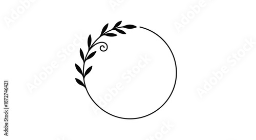A minimalist and elegant circular frame partially decorated with a simple black leafy vine, perfect for wedding monograms and logos.