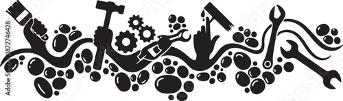 Black and white illustration of tools and animal paw prints