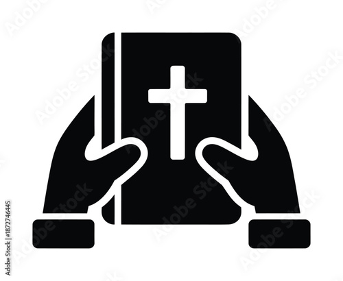 Black vector image of hands holding book with cross