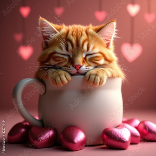 Wallpaper Mural Sleeping ginger kitten peacefully resting in a white mug surrounded by pink heart-shaped chocolates against romantic pink background with copy space Torontodigital.ca
