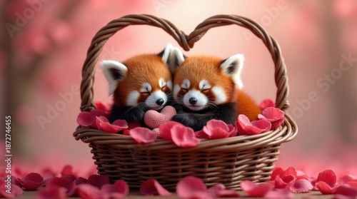 Wallpaper Mural Adorable red pandas peacefully sleeping in a heart-shaped basket filled with pink rose petals against romantic background Torontodigital.ca