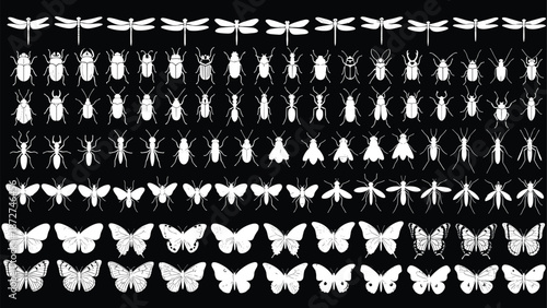 Insect silhouette icon mega set, butterflies dragonflies beetles flies collection, entomology wildlife symbols, white vector on black background