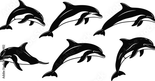Jumping Dolphin Vector Illustration Set, Black and White Marine Animal Silhouettes, Ocean Wildlife Graphics for Logo Design, Summer Beach Theme Icons