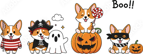 Cute Halloween corgi illustration set with pumpkin, ghost, pirate costume, candy and festive cartoon dog characters for seasonal design