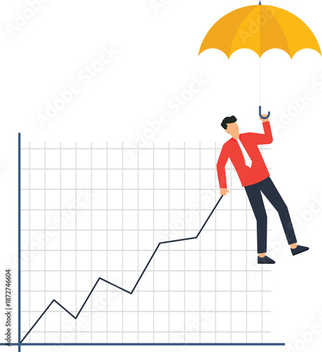 Businessman holding yellow umbrella financial growth market stability business success risk management upward trend data analysis investment strategy economic forecast