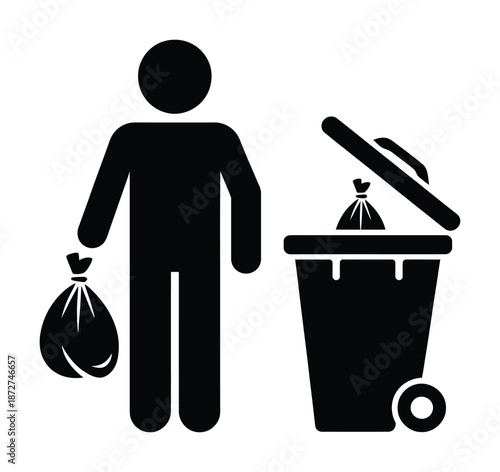 Silhouette of person disposing trash into vector waste bin